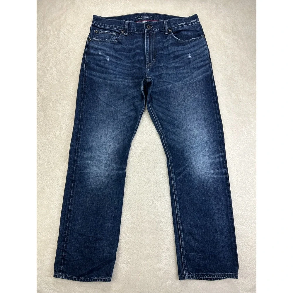 Banana Republic Vintage Straight Jeans Mens 36x32 Dark Blue Distressed Whiskered